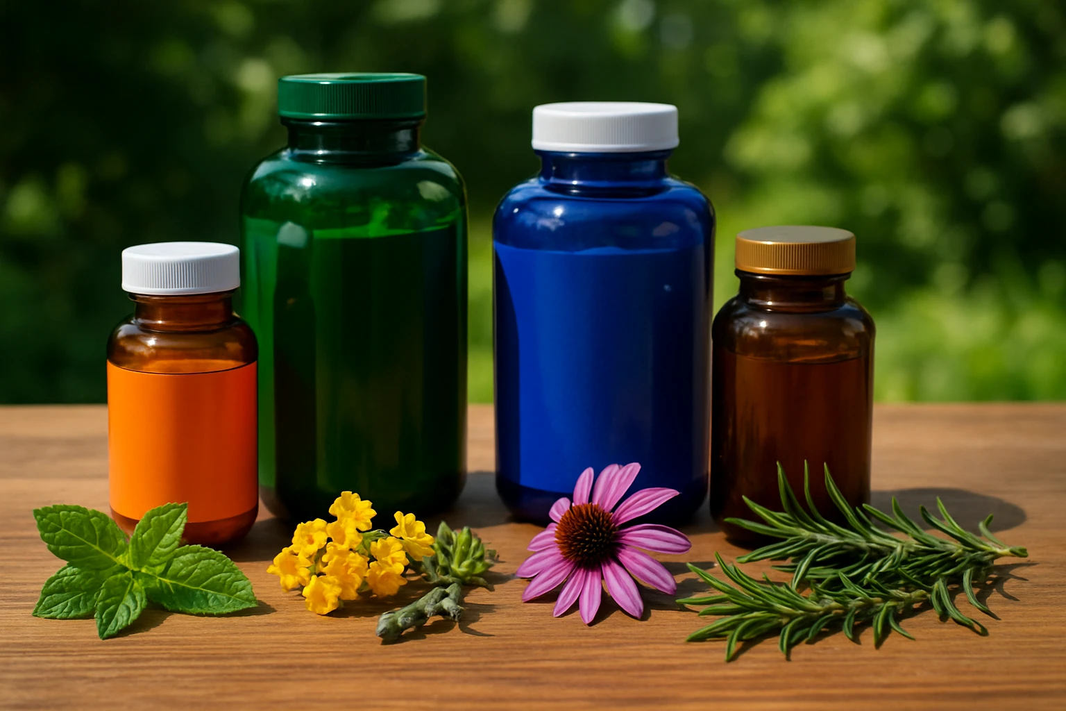 An array of colorful supplement bottles and natural herbs laid out on a wooden table outdoors, with sunlight casting gentle shadows and a subtle background of lush greenery.