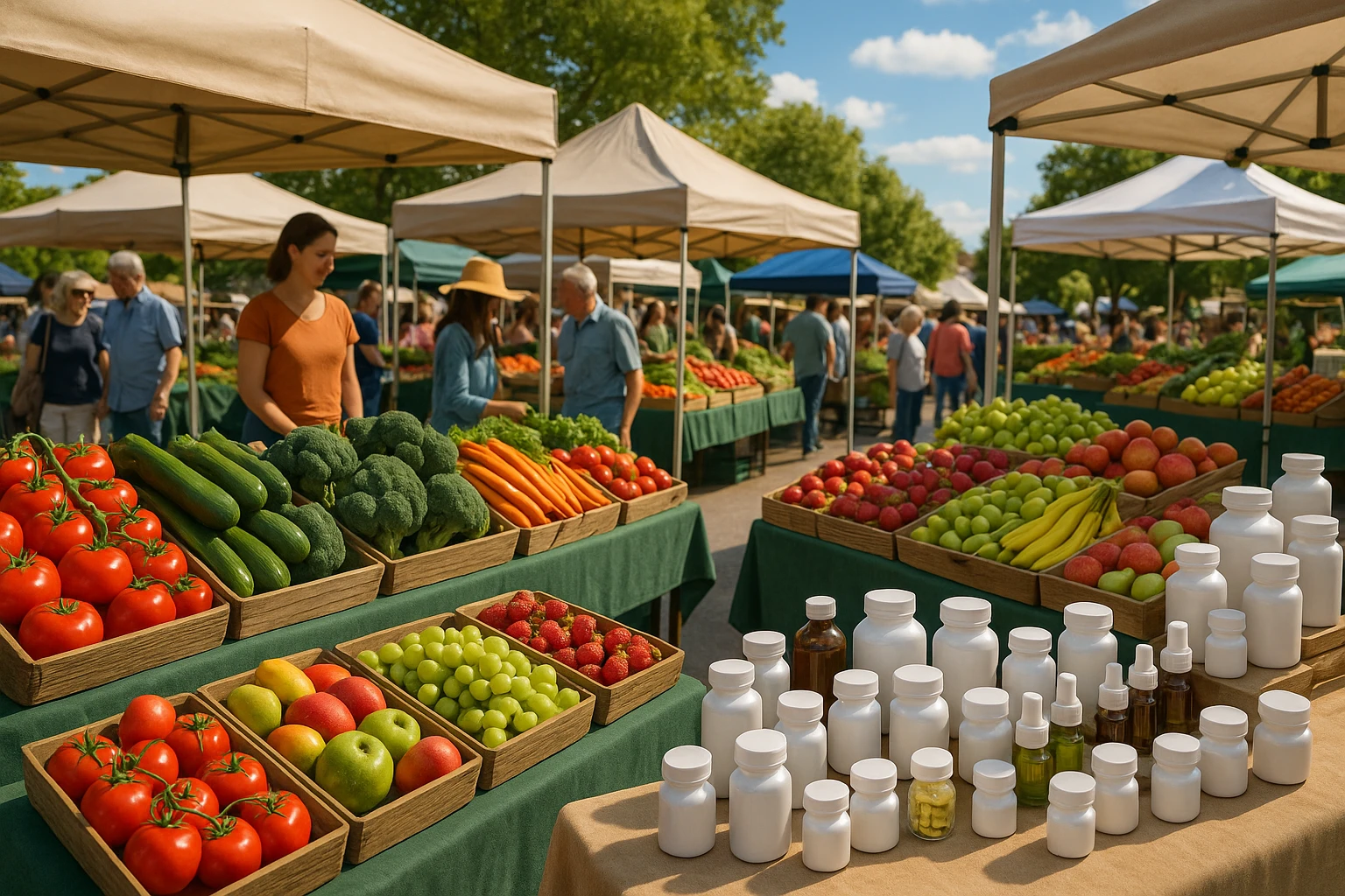 A vibrant farmer's market scene with stalls displaying fresh fruits and vegetables alongside a stand showcasing natural supplements and vitamins, all set under a sunny sky with people browsing leisurely.