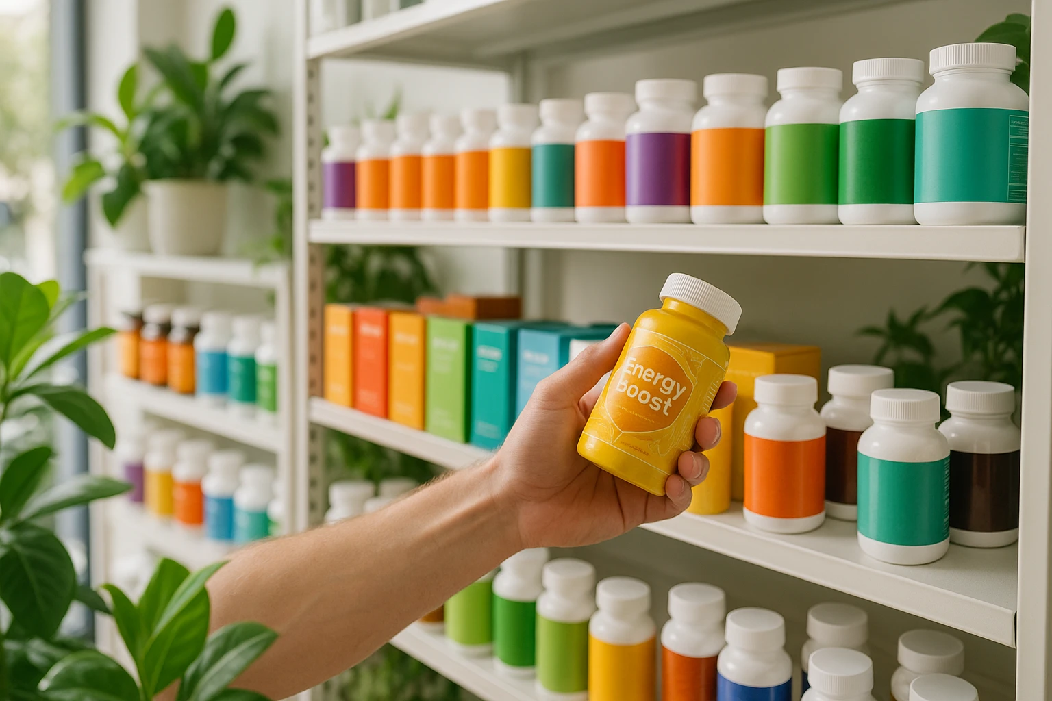 A brightly lit health store with organized shelves displaying a variety of colorful supplement bottles and boxes; a shopper's hand reaching for a radiant yellow bottle labeled 