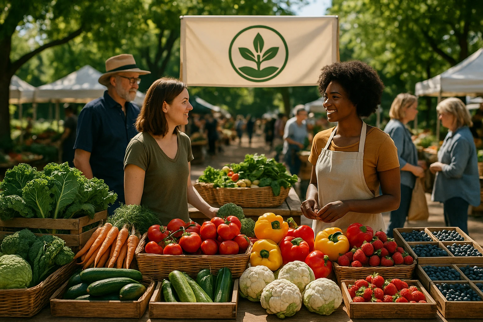 A serene outdoor farmers market with a variety of fresh vegetables and fruits laid out on rustic wooden tables; people browsing and interacting with vendors, with a sign featuring 