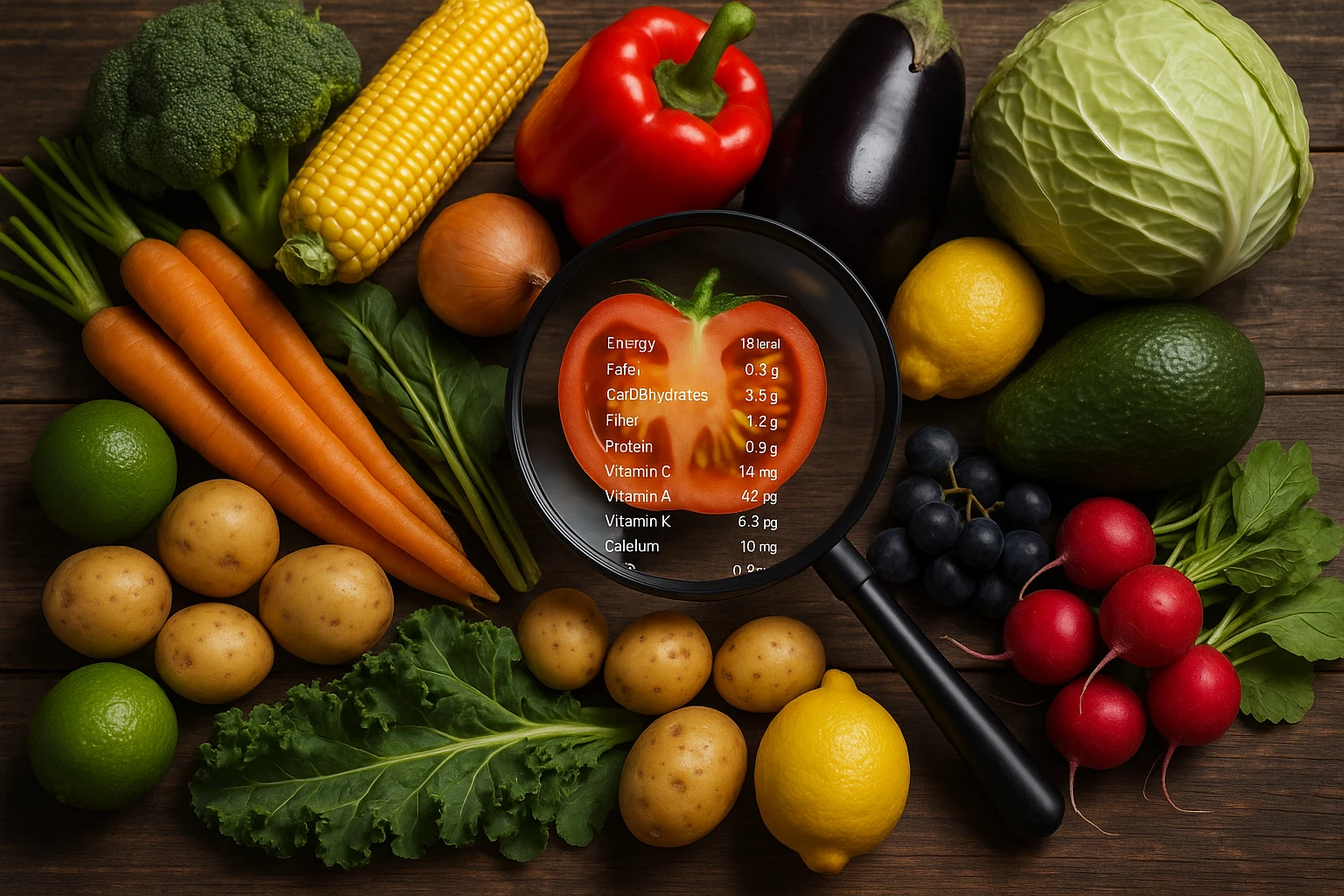 A variety of fresh, colorful vegetables and fruits arranged on a rustic wooden table, with a magnifying glass highlighting detailed labels of nutritional information, symbolizing the in-depth analysis of Nutrition Geeks.