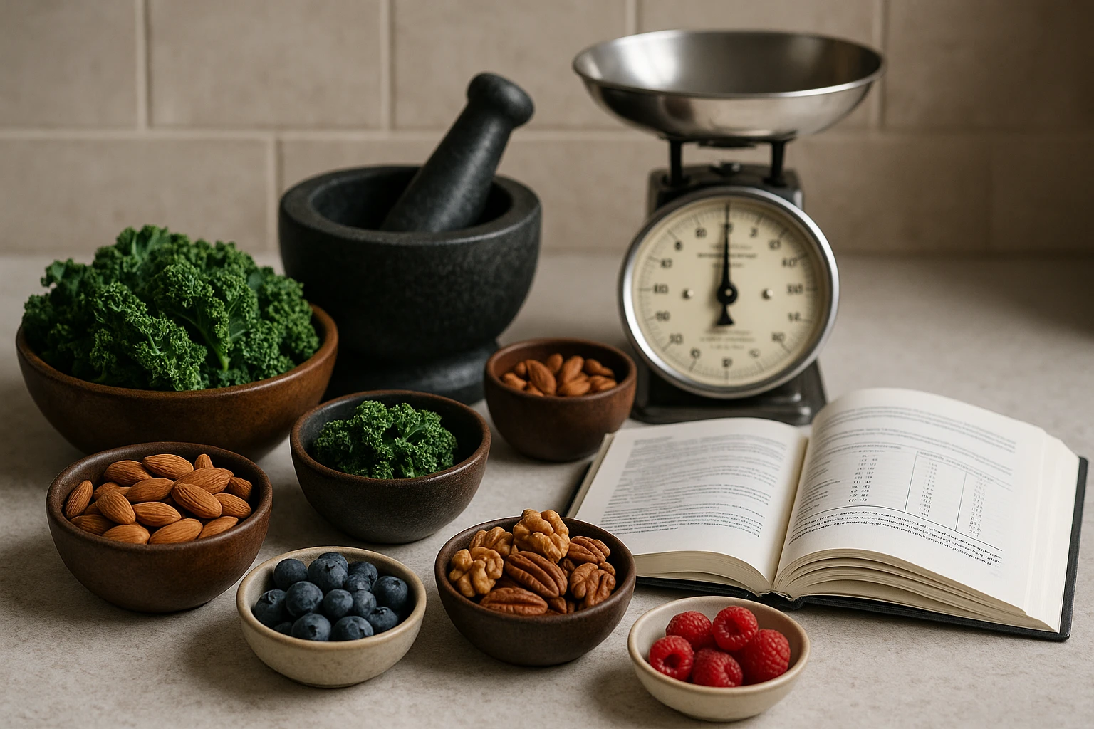 A kitchen countertop with various kitchen tools like a mortar and pestle, scales, and colorful nutrient-rich foods such as kale, nuts, and berries arranged neatly, with a scientific book open to a page on nutritional analysis techniques.