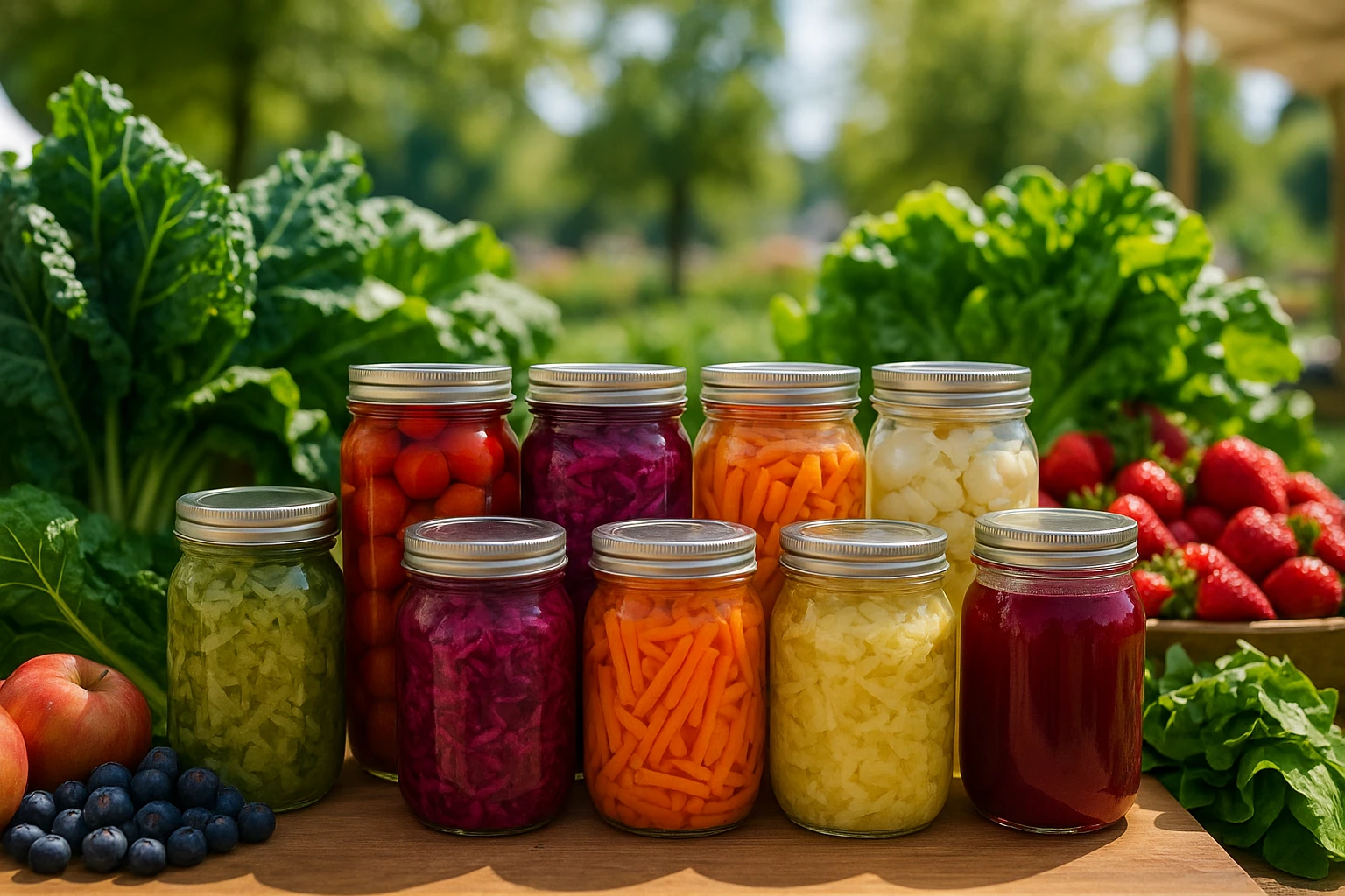 A vibrant farmer's market stall displaying an array of colorful, plant-based probiotic products in glass jars, with leafy greens and fresh fruits surrounding them, set against a backdrop of a sunny outdoor setting.