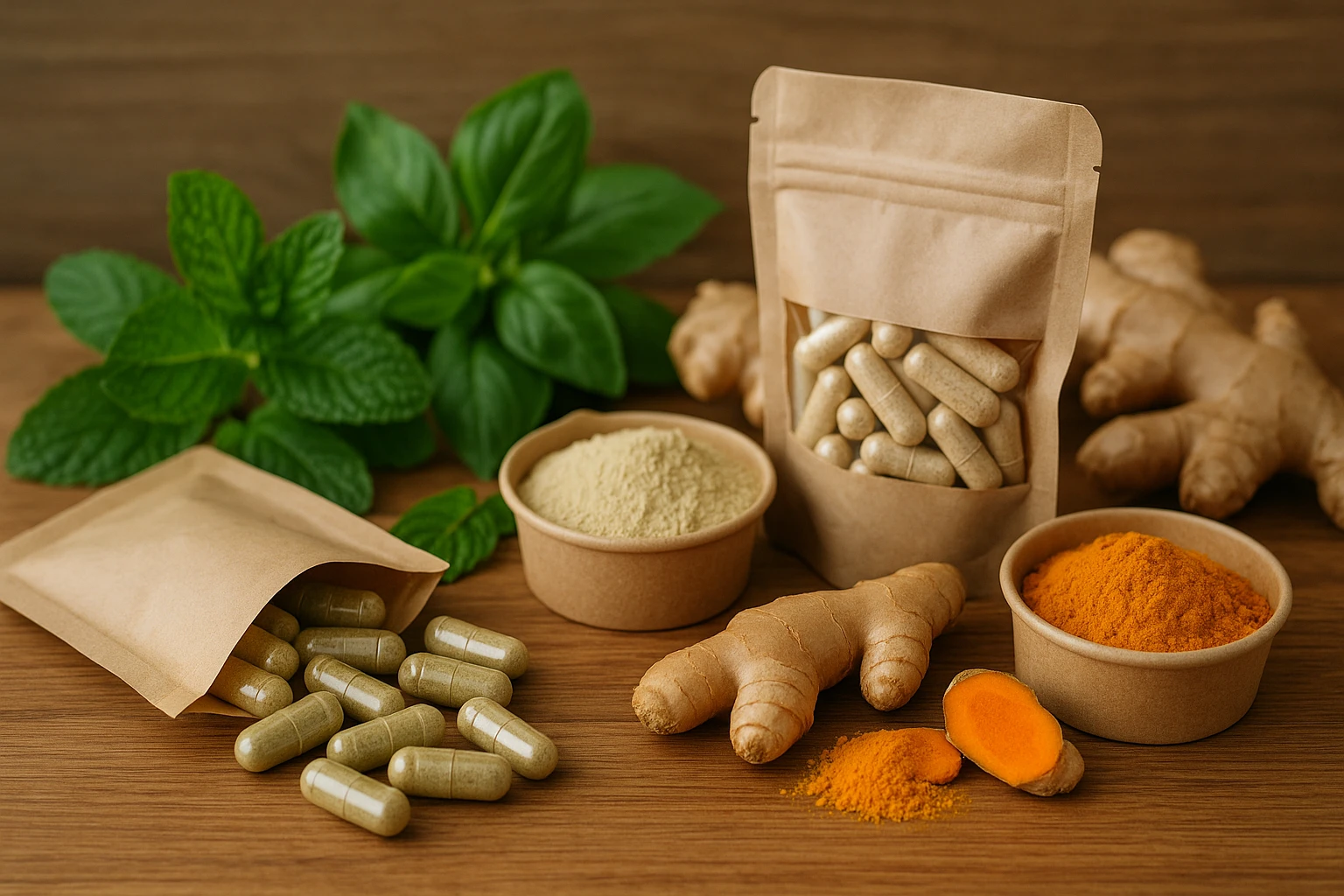 A close-up of a wooden kitchen counter with an assortment of plant-based probiotic capsules and powders in eco-friendly packaging, surrounded by fresh herbs like mint and basil, and pieces of ginger and turmeric.