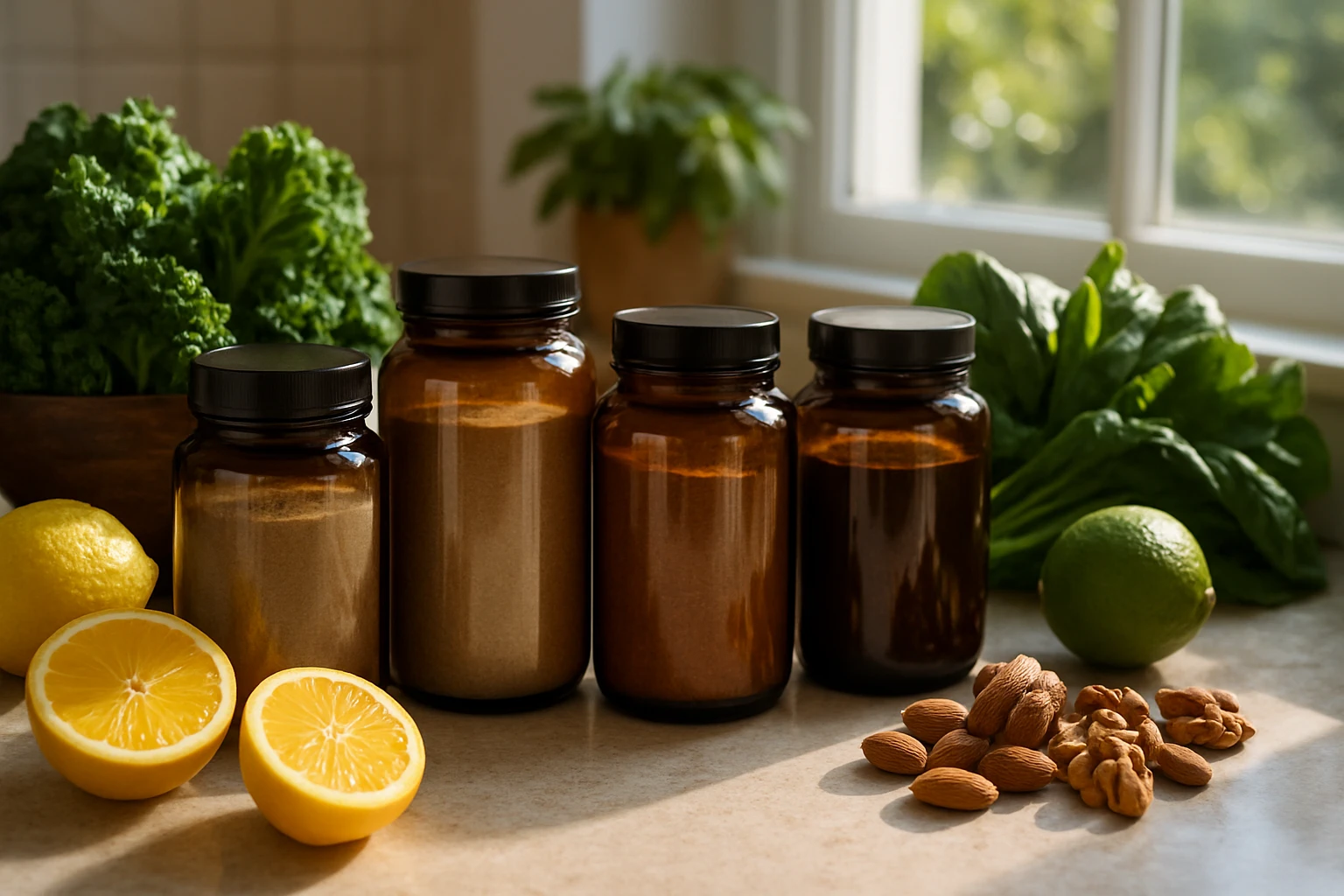 A vibrant kitchen counter displaying a variety of wholefood collagen supplement jars, surrounded by fresh ingredients like leafy greens, citrus fruits, and nuts, with sunlight streaming through a nearby window.