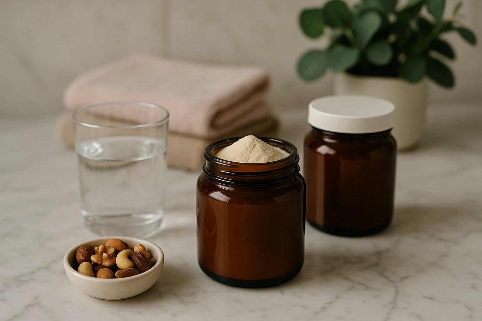 A close-up of a marble bathroom countertop with open jars of wholefood collagen supplements, accompanied by a glass of water and a small bowl of mixed nuts, against a background of soft pastel hand towels and a potted plant.