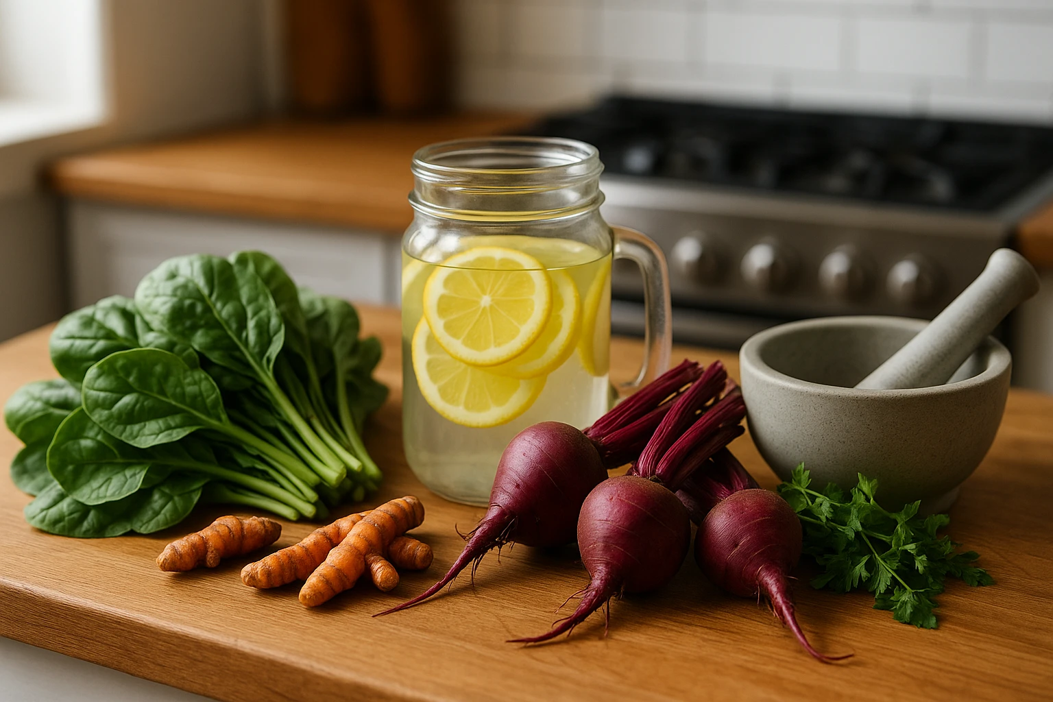 A vibrant kitchen scene with a variety of fresh vegetables and herbs like spinach, beets, and turmeric laid out on a wooden countertop, next to a glass jar of lemon-infused water and a ceramic mortar and pestle, suggesting natural ingredients for a liver detox recipe.