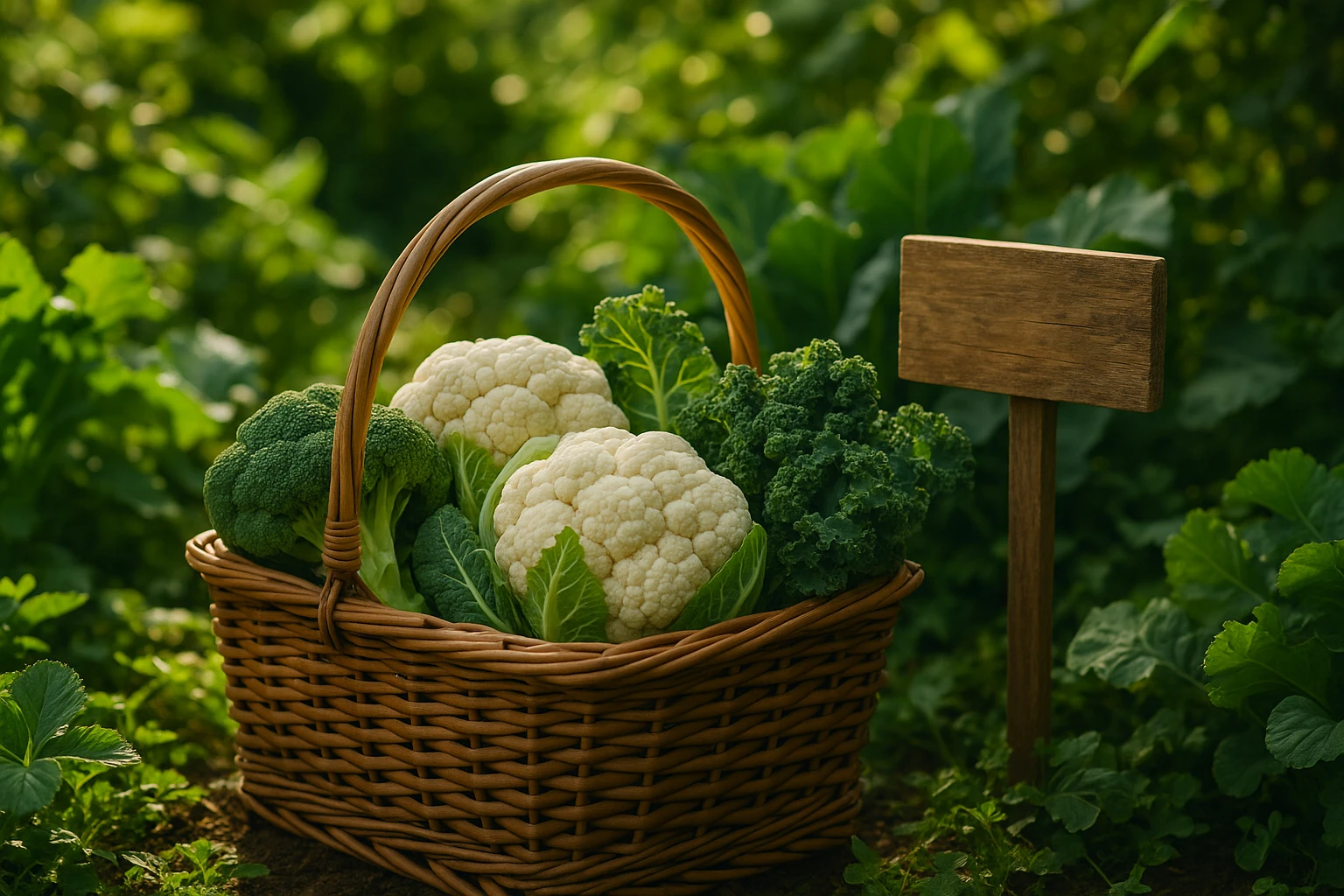 A lush garden scene featuring a wooden basket filled with freshly picked cruciferous vegetables such as broccoli, cauliflower, and kale, placed next to a small wooden sign labeled 