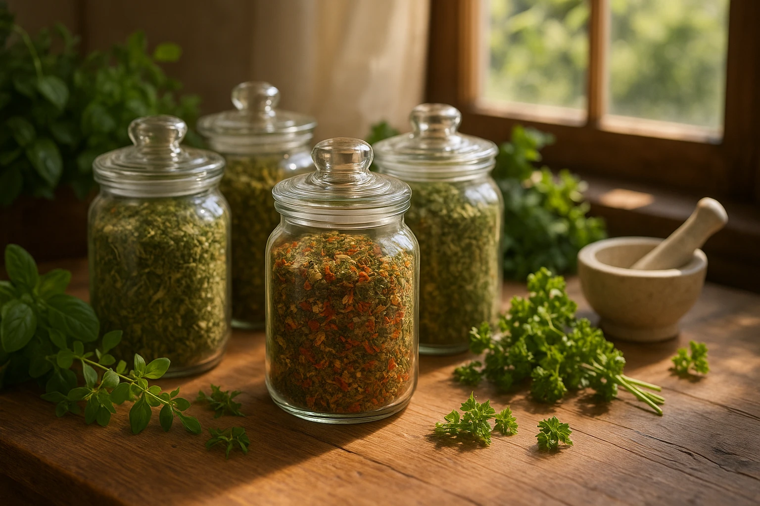 A wooden table adorned with glass jars filled with vibrant organic herb blends, surrounded by fresh herbs and a small mortar and pestle, basking in natural sunlight filtering through a nearby window.