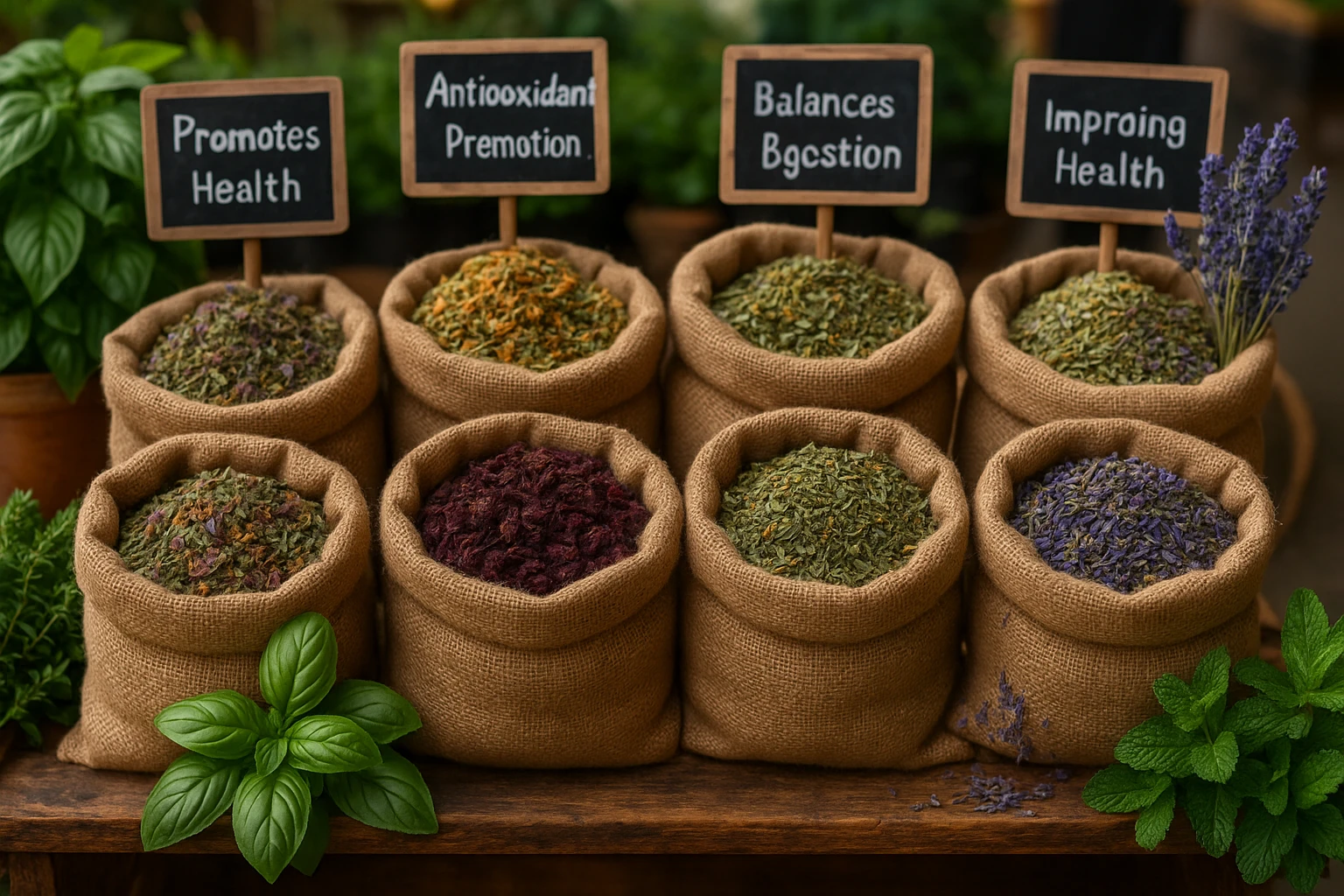 A vibrant farmers market stall with burlap sacks overflowing with dried organic herbs, colorful labels indicating their names and benefits, surrounded by fresh sprigs of basil, mint, and lavender, and chalkboard signs highlighting the health benefits of each blend.