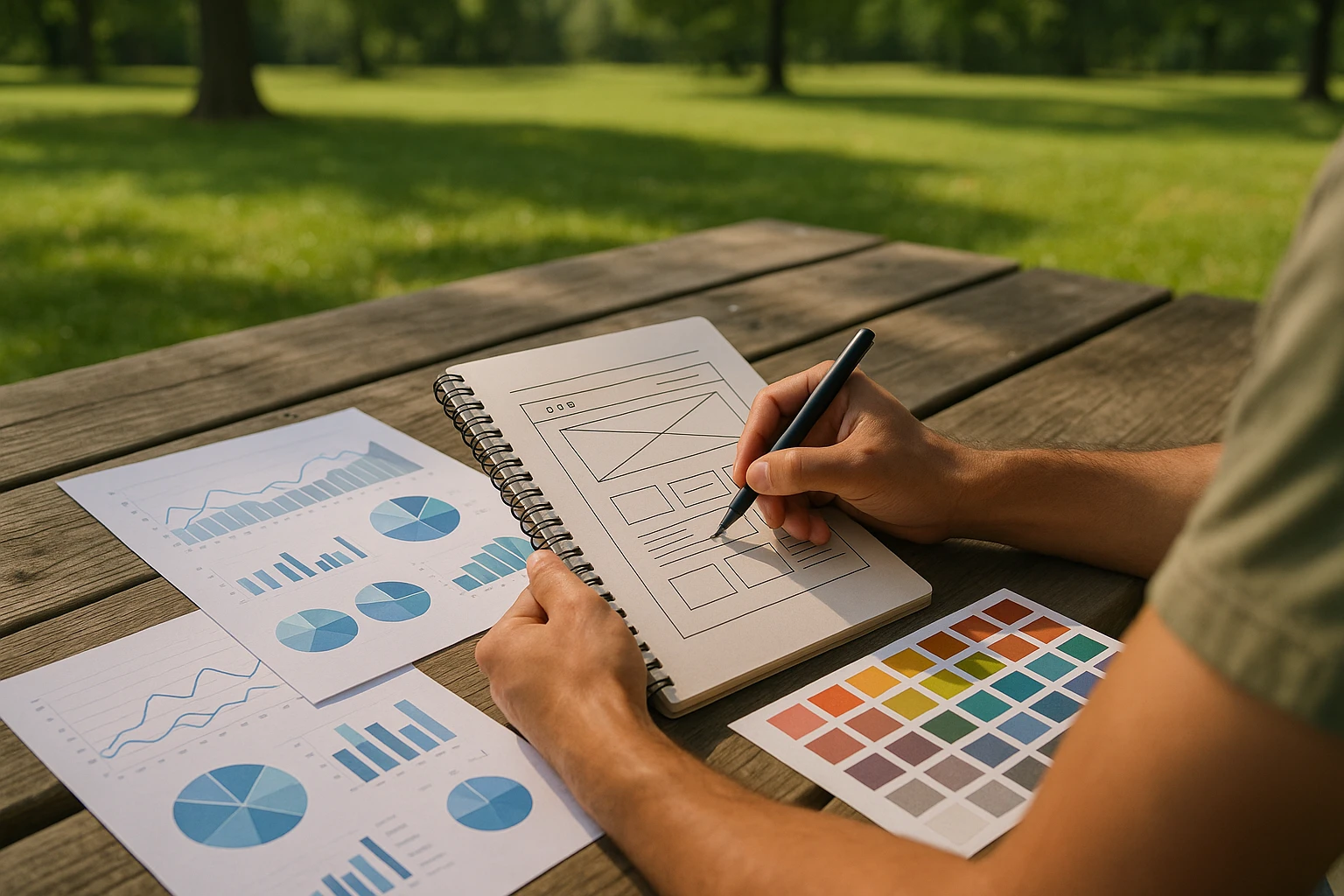 A hands-on scene featuring a person sketching a website layout on paper, surrounded by printed analytics reports and color swatches, set on a wooden picnic table in a sunny park.