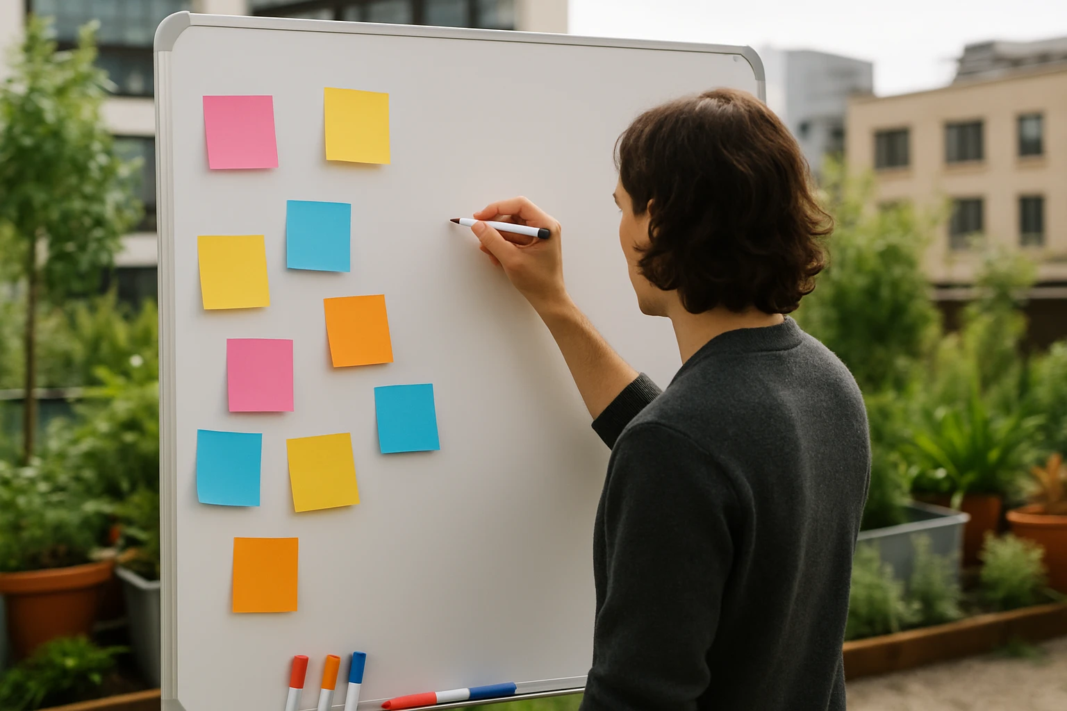 A person jotting notes on a whiteboard surrounded by colorful sticky notes and markers, with a plant-filled urban rooftop garden visible in the background.