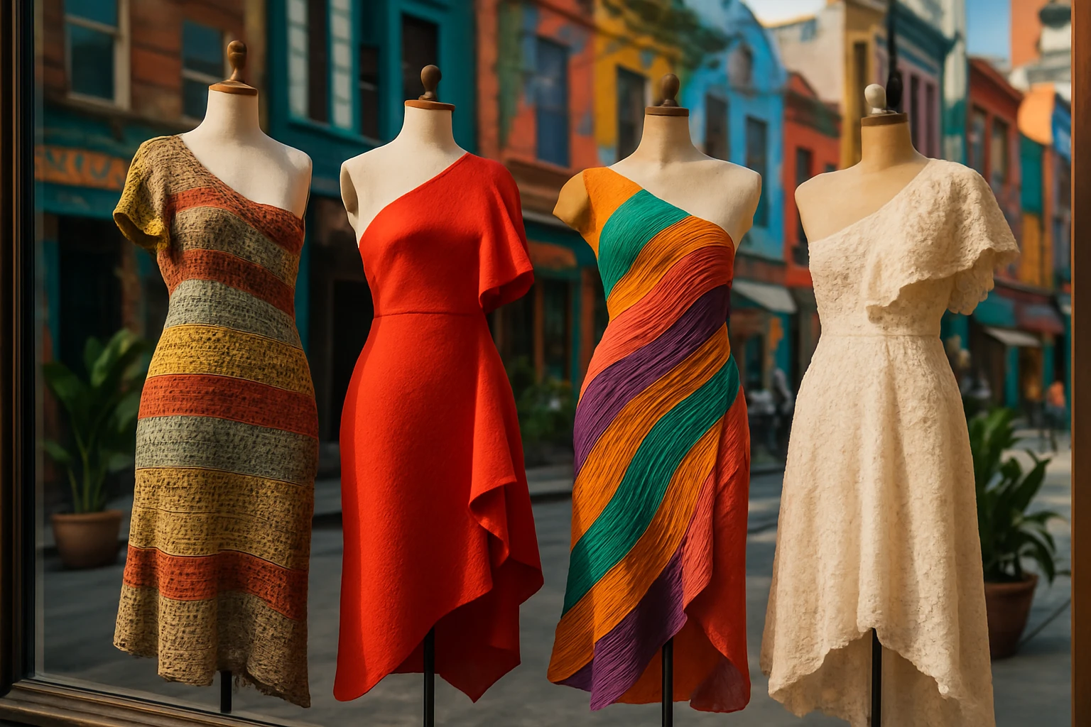 A vibrant boutique window display featuring a collection of dresses with bold asymmetrical silhouettes and artisanal textures like crochet and lace, set against a colorful city street reflecting diverse cultural influences.