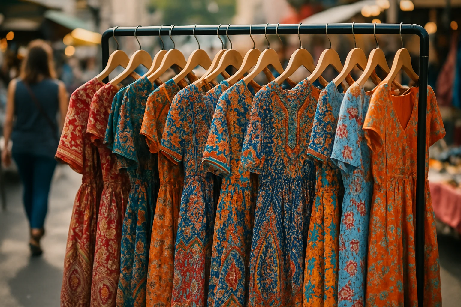 A clothing rack in an outdoor market featuring an array of dresses inspired by global fashion trends, showcasing intricate patterns and vibrant colors, with a backdrop of bustling shoppers and vendor stalls.