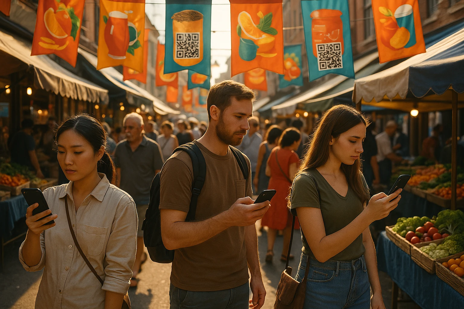 A bustling market scene where colorful banners showcase a brand's offer, and people pause to scan QR codes on their smartphones as the sun casts a warm glow over the street.