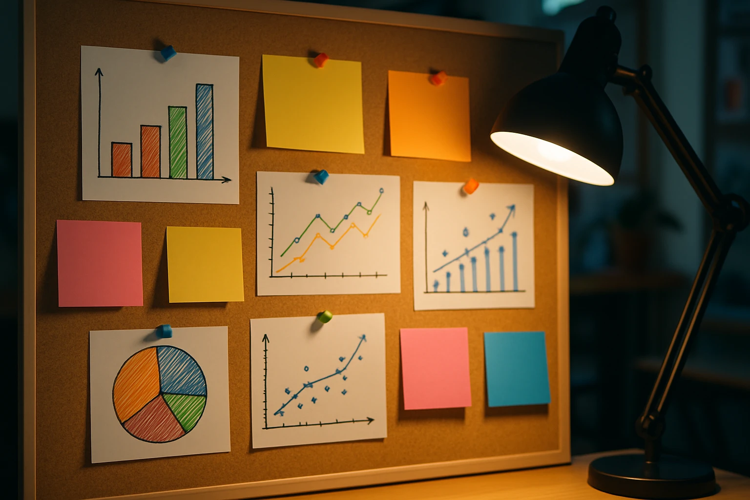 A series of colorful sticky notes and charts pinned to a noticeboard, with graphs and analytics data sketched out, all under a bright desk lamp in a creative studio environment.