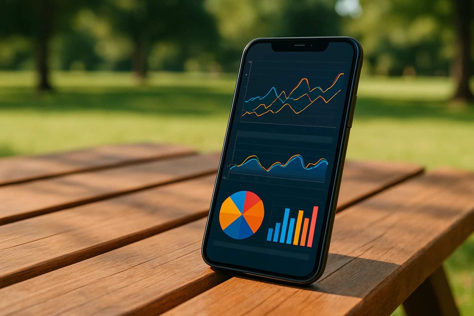 A close-up of a smartphone screen displaying an analytics dashboard, with colorful graphs and charts, resting on a wooden picnic table in a sunny park setting.