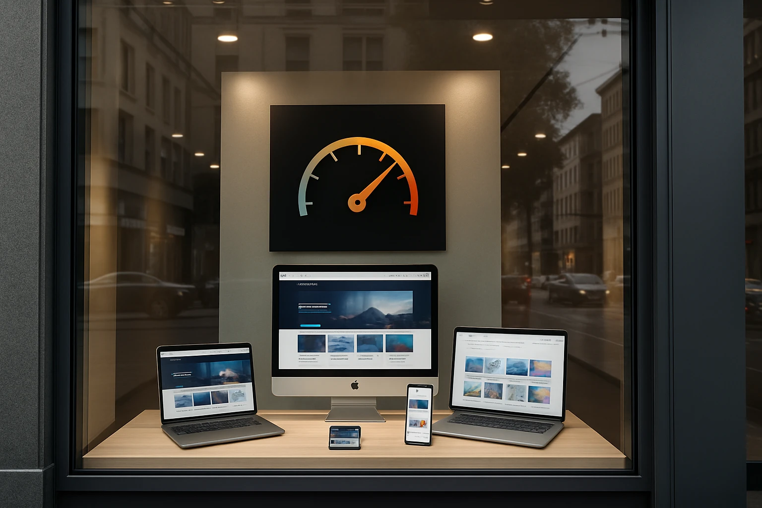 A sleek, modern storefront window displaying a variety of digital devices, with a prominent sign highlighting website speed optimization benefits, set on a busy urban street.