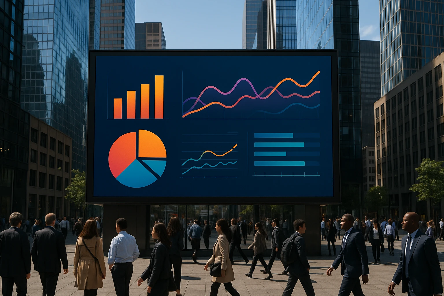 A vibrant city scene featuring a large, modern billboard displaying dynamic analytics graphics for a marketing campaign, surrounded by bustling pedestrians and sleek skyscrapers in the background.