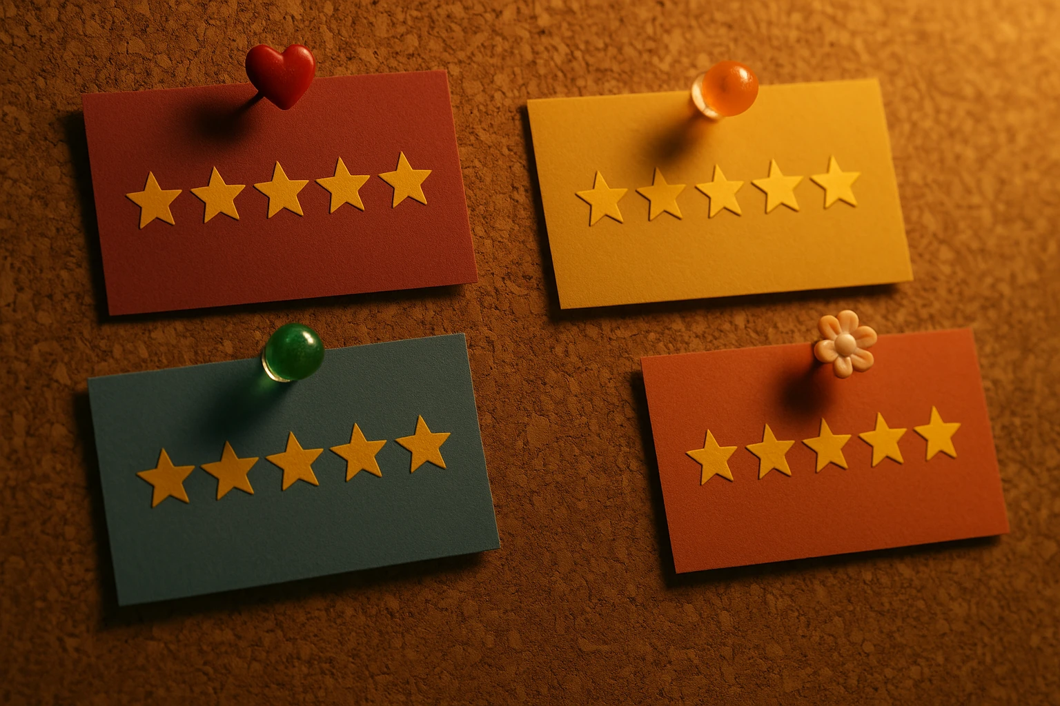 A close-up of several colorful, five-star customer review cards pinned to a corkboard, with decorative pins and ambient lighting creating a warm, inviting atmosphere.