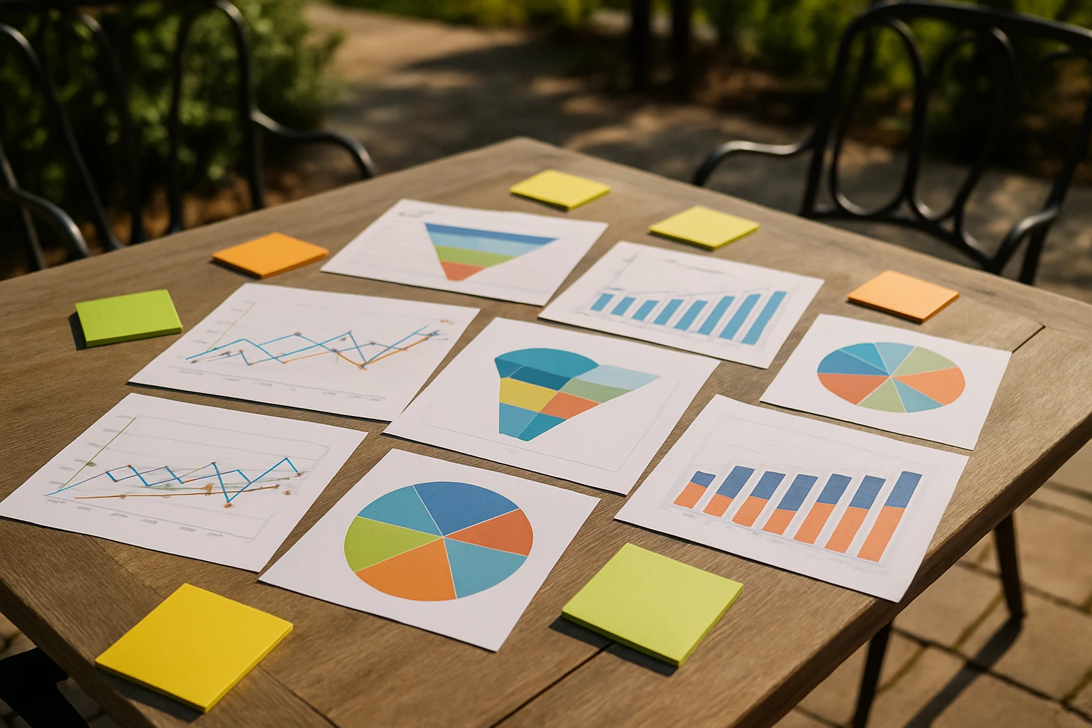 A table scattered with charts and graphs depicting conversion analytics, surrounded by sticky notes with strategy ideas, set outdoors on a sunny patio.