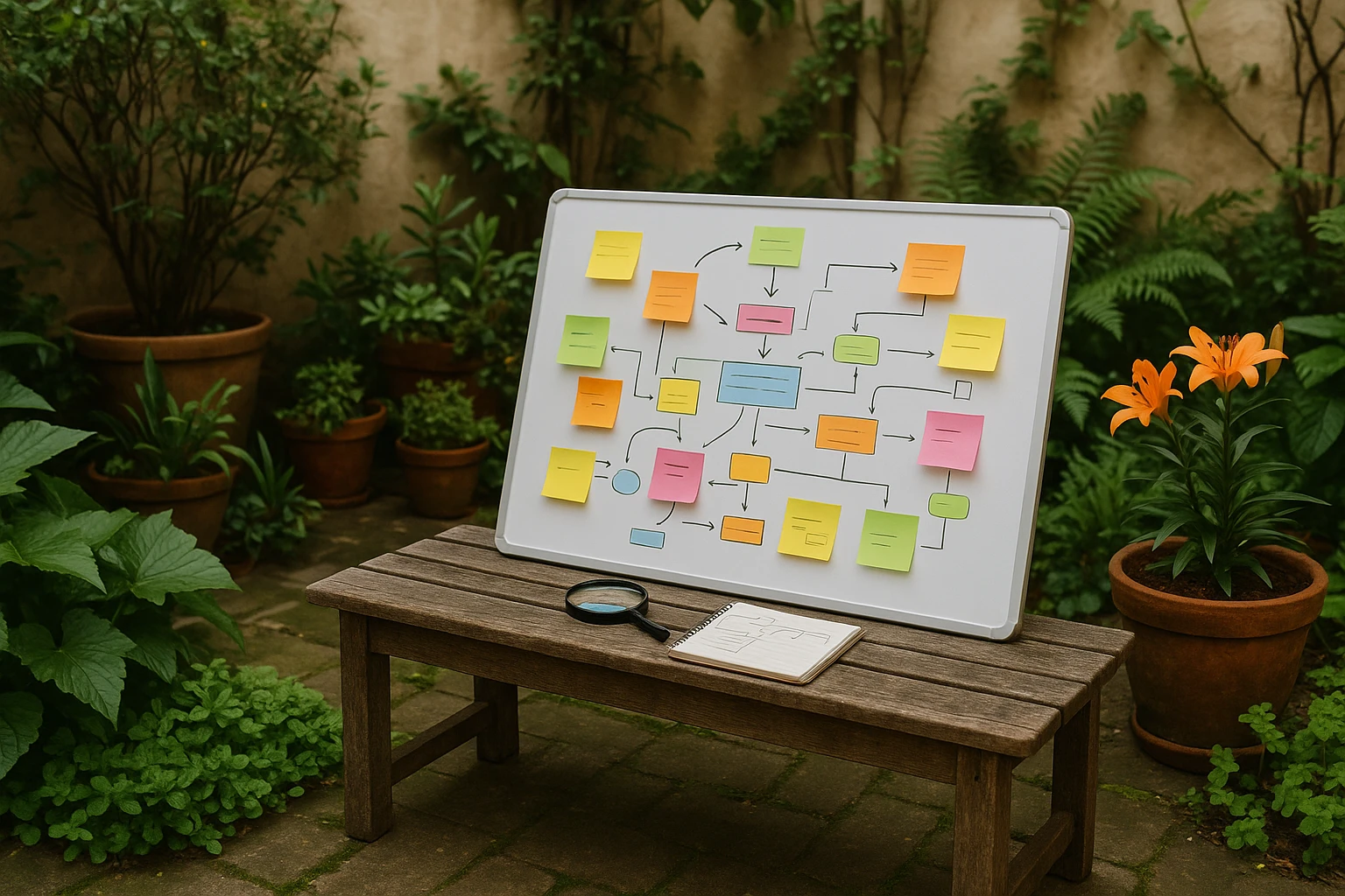 A small courtyard garden with various plants, featuring a whiteboard propped against a rustic wooden bench, covered in colorful sticky notes and flowcharts about conversion strategies, with a magnifying glass and a notepad beside it.