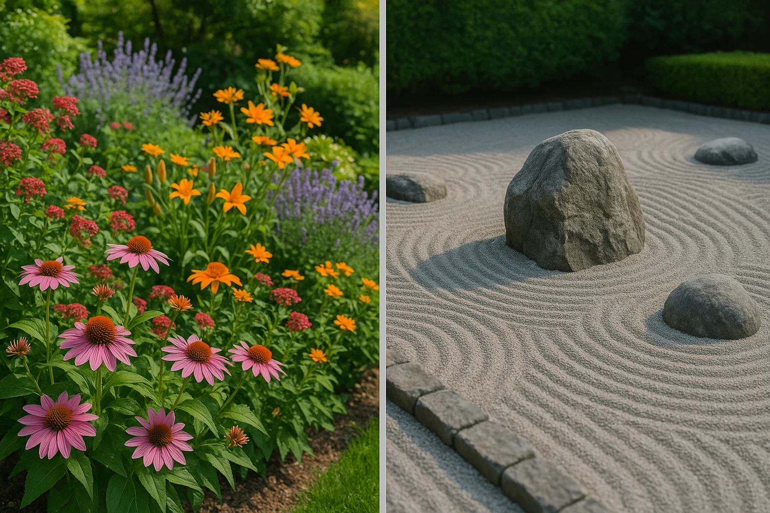 A split landscape image with two halves: one side showing a vibrant garden with lush, blooming flowers labeled 