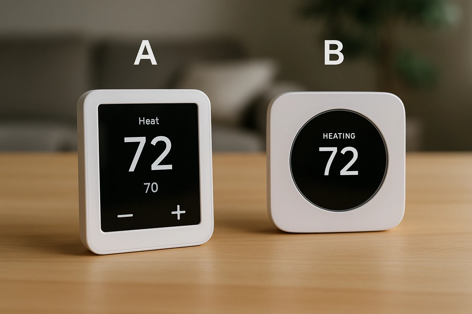 A close-up of two different prototypes of a digital thermostat displayed on a table, each with distinct designs and labeled 