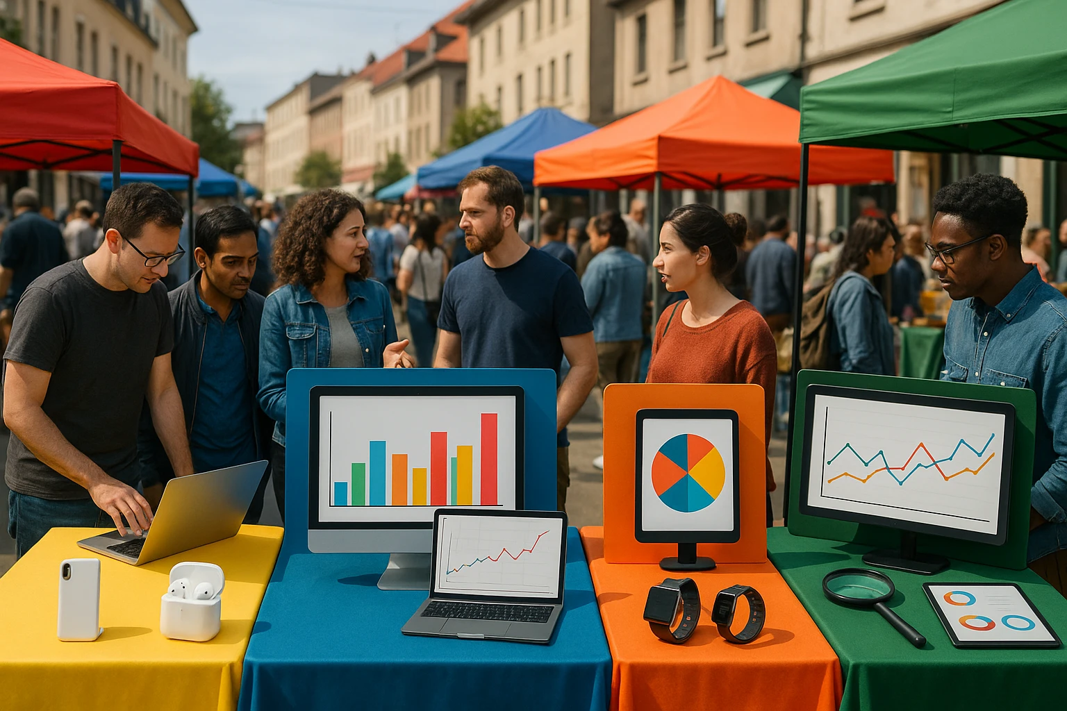 A bustling outdoor market scene with a mix of vibrant color-coded product stands, each displaying different tech gadgets and analytics tools, symbolizing the concept of testing and comparison in a dynamic setting.