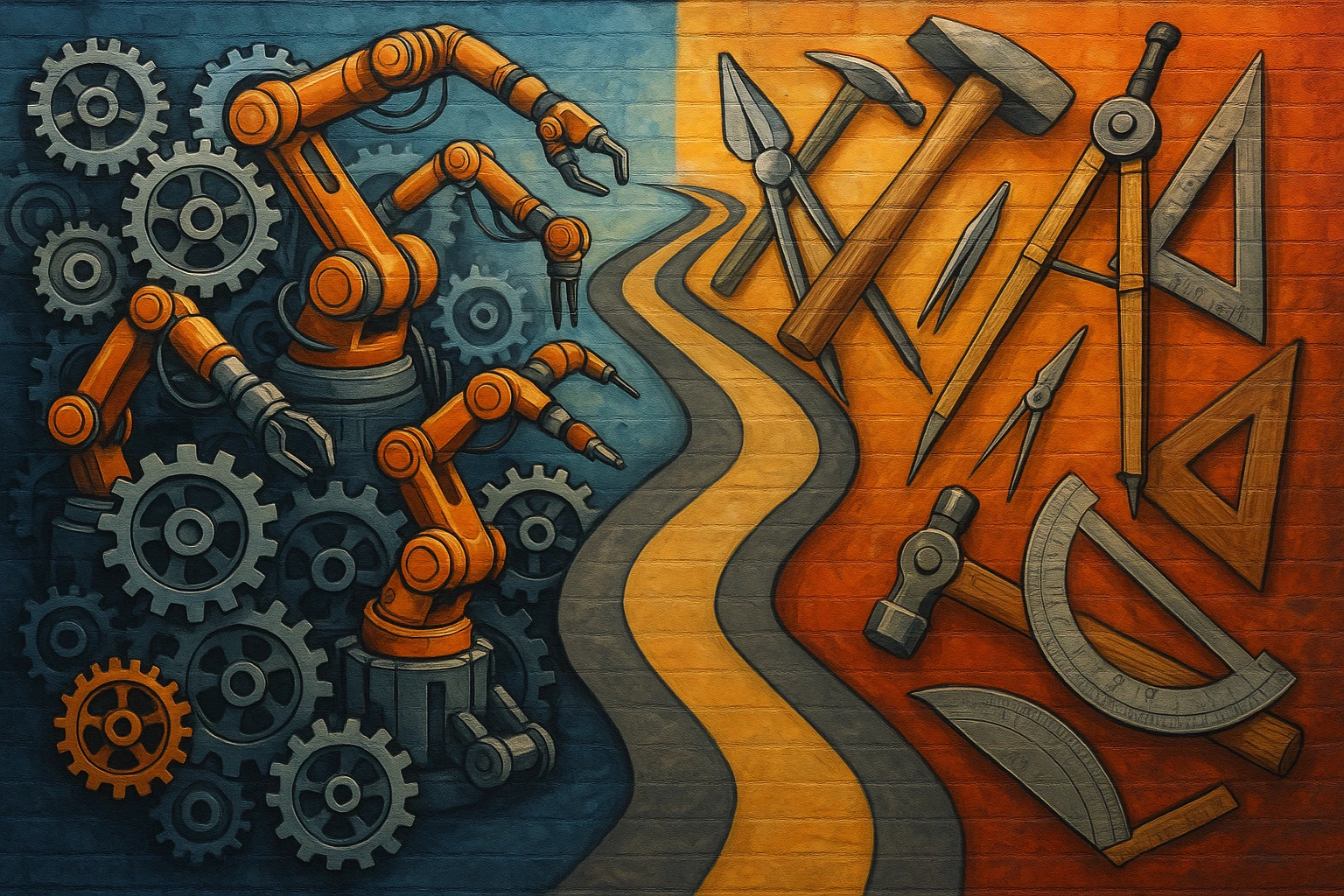 A vibrant street mural depicting a split path leading to two distinct destinations: one side features an intricate network of gears and robotic arms representing automation, while the other showcases a collection of traditional tools like compasses and protractors symbolizing manual processes.