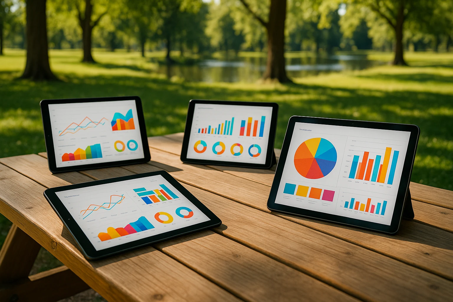 A set of brightly colored marketing analytics dashboards on tablets spread out on a picnic table in a sunny park, with trees and a small lake in the background.