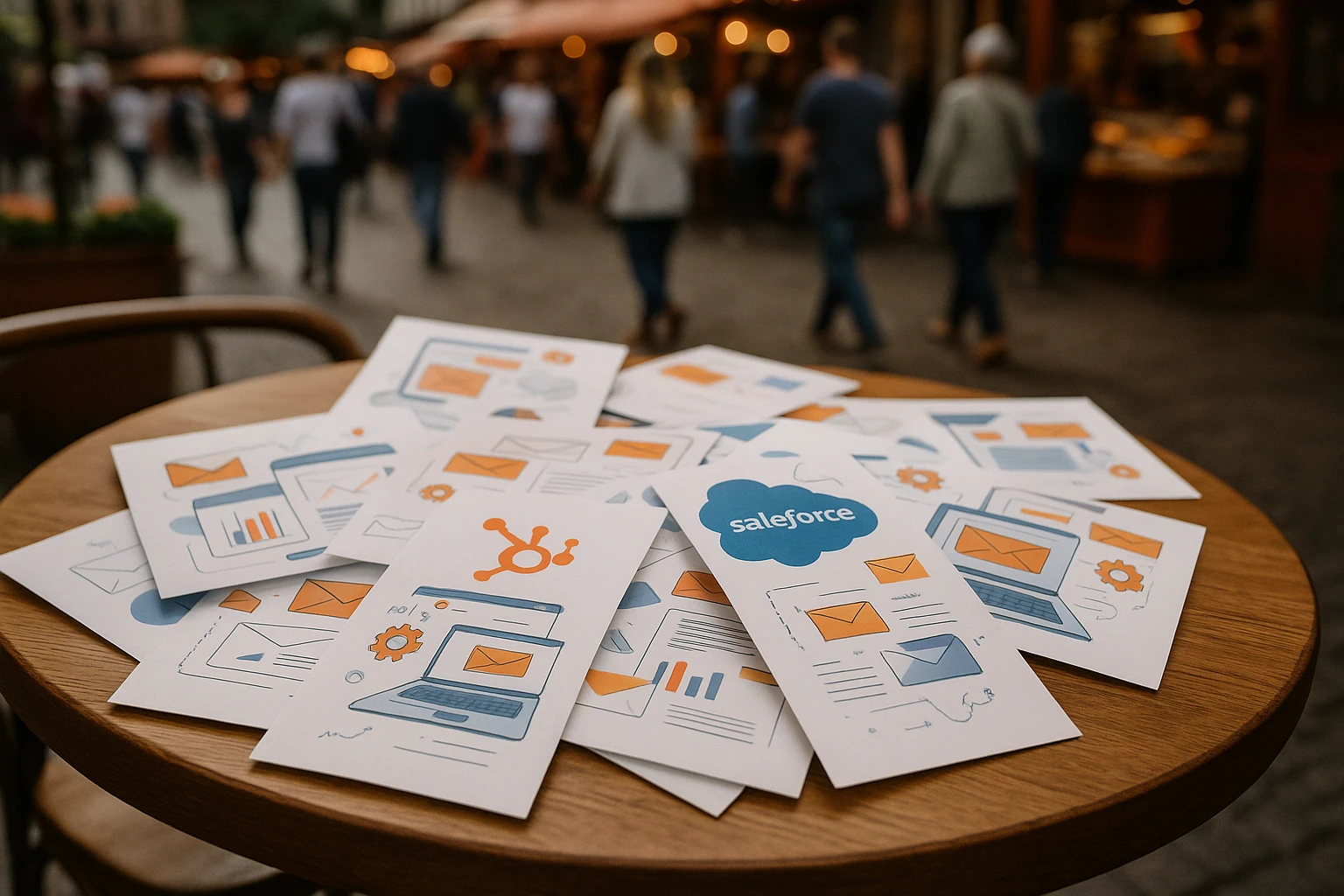 A cluster of automated email marketing flyers and brochures scattered across a wooden café table, featuring recognizable logos of HubSpot and Salesforce, set against the backdrop of a bustling street market with people walking by.