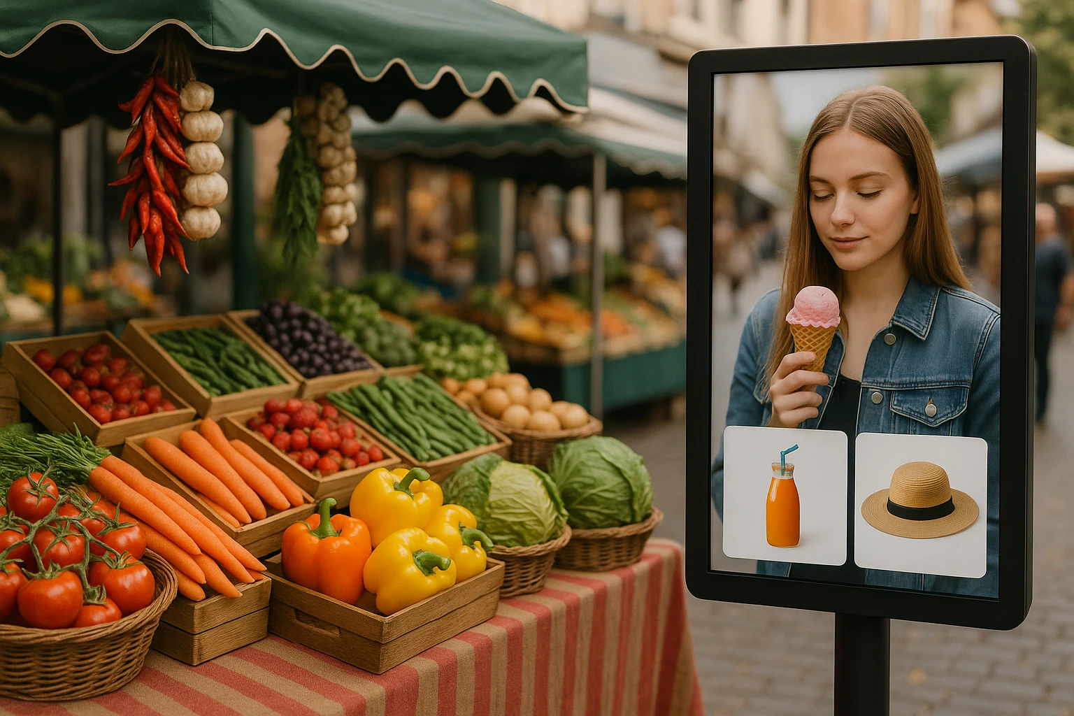 A vibrant outdoor market stall showcasing a variety of products, with a digital screen nearby displaying interactive advertisements personalized through AI.