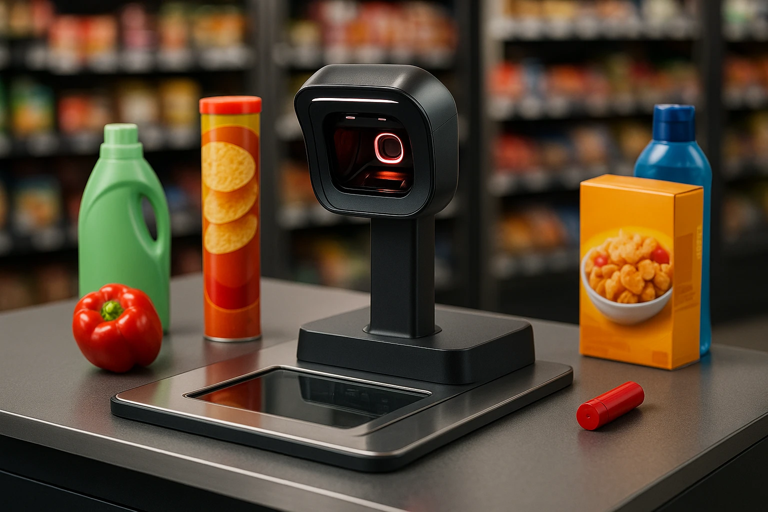 A sleek automated retail checkout with a scanning device surrounded by various colorful retail products, highlighting AI's role in optimizing patterns for conversion rates.