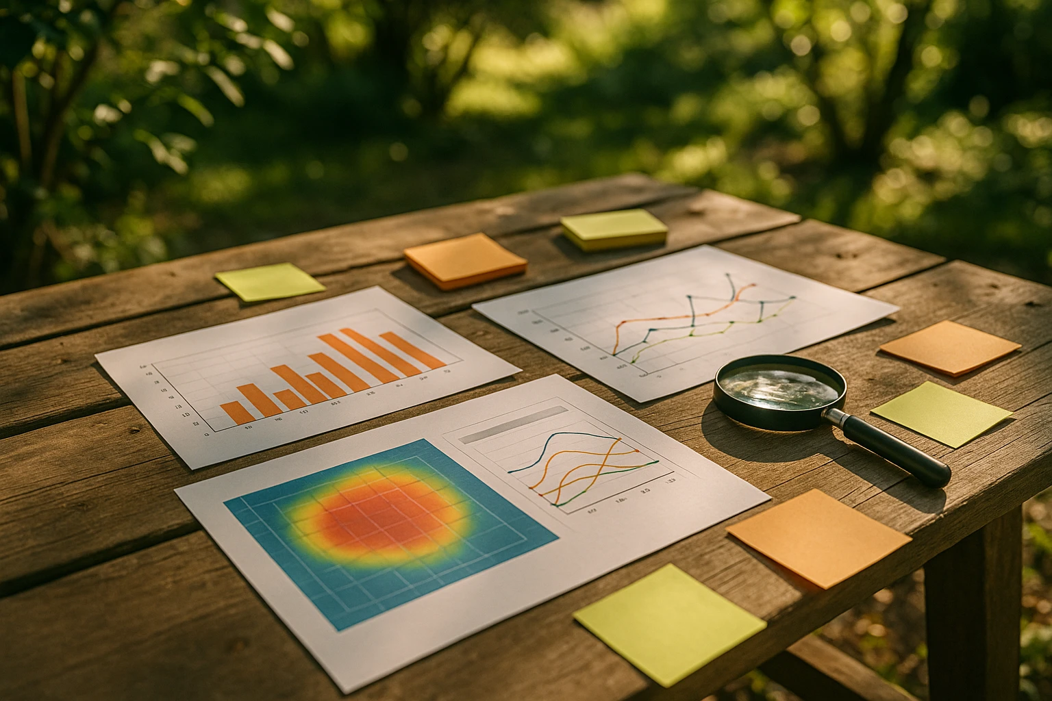 A cluttered workbench featuring various CRO tools like heatmaps printouts, conversion graphs, sticky notes with data insights, and a magnifying glass, all set in an outdoor garden with sunlight filtering through the trees.