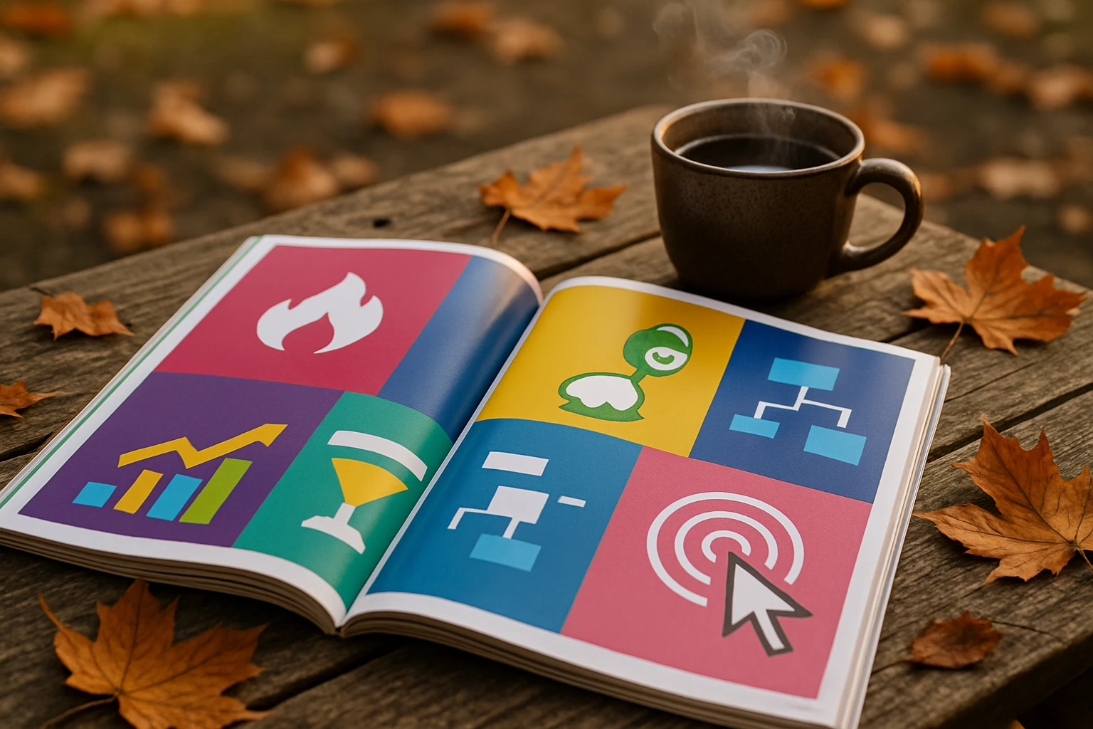 A close-up of a vibrant magazine spread outdoors, showcasing an array of CRO tool icons such as Hotjar and Crazy Egg, atop a rustic wooden table surrounded by fall leaves and a steaming cup of coffee.