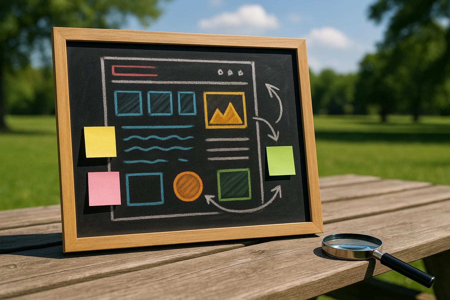 A chalkboard with colorful diagrams and sticky notes illustrating website elements, placed outdoors on a picnic table under a sunny sky, with a magnifying glass lying nearby.