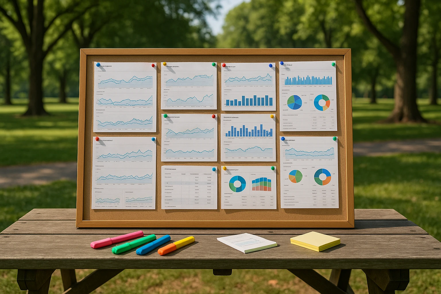 A large bulletin board filled with pinned printouts of website analytics data, surrounded by colorful highlighters and sticky notes, set on a picnic bench in a park with trees visible in the background.