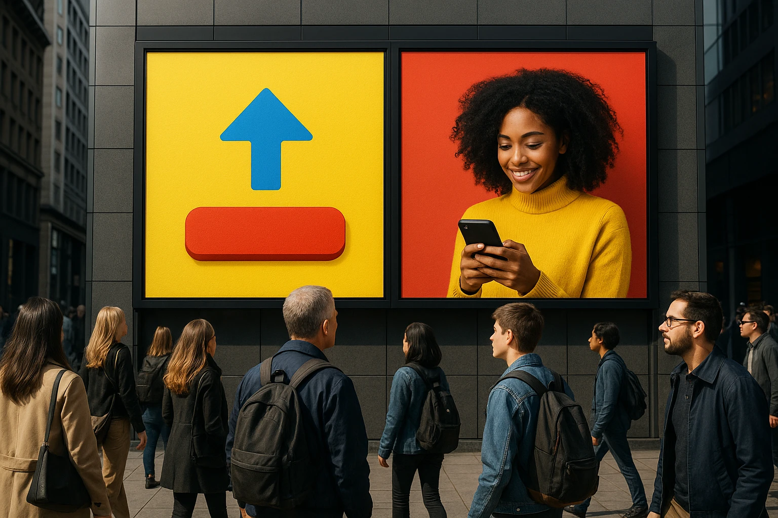 In a bustling city square, a large digital billboard displays two different advertisements side by side, representing an A/B test in action, with people passing by glancing up curiously.