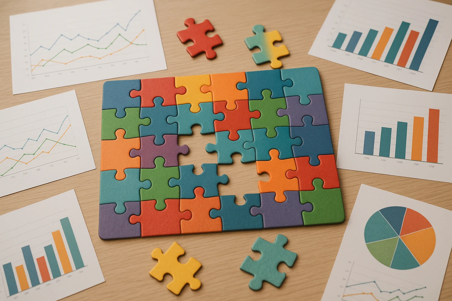 A colorful jigsaw puzzle on a table with some missing pieces, surrounded by analytics charts and graphs, symbolizing incomplete data leading to misleading conclusions in A/B testing.