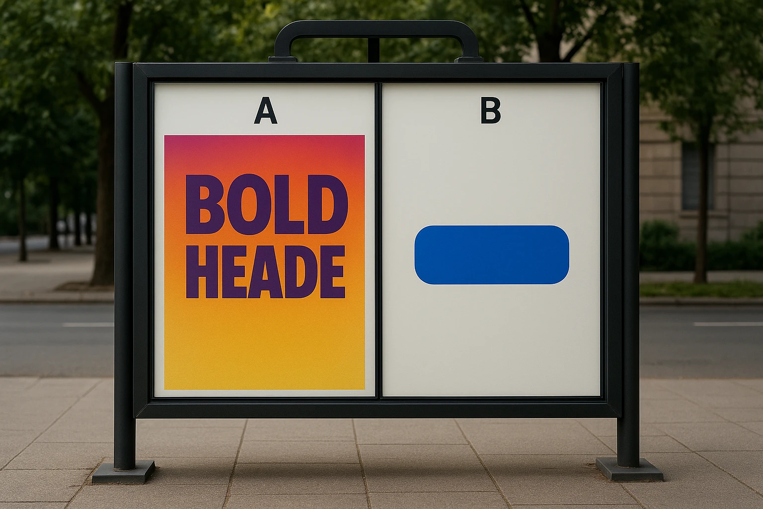 A/B testing setup with two different posters displayed on an outdoor advertising board, one featuring a bold headline in vibrant colors and the other with a contrasting call-to-action button design.