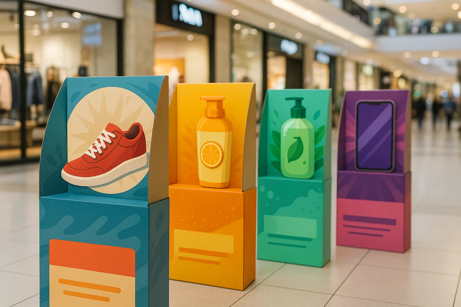 A series of uniquely designed cardboard pop-up displays in a bustling mall, each featuring a bold, eye-catching headline that clearly communicates the value proposition of a different product, with vibrant graphics and supporting subheadings for clarity.