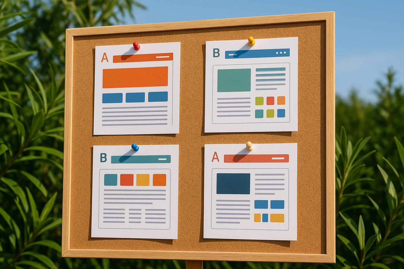A series of multicolored A/B testing charts pinned to a corkboard outdoors, surrounded by green plants and a clear blue sky, illustrating the diverse variations and strategies in landing page experimentation.