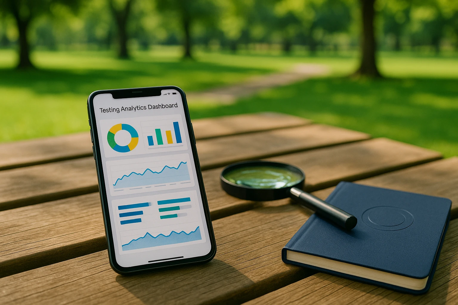 A close-up of a smartphone displaying a testing analytics dashboard, set on a wooden picnic table in a vibrant park, alongside a magnifying glass and an Optimizely logo-branded notebook.