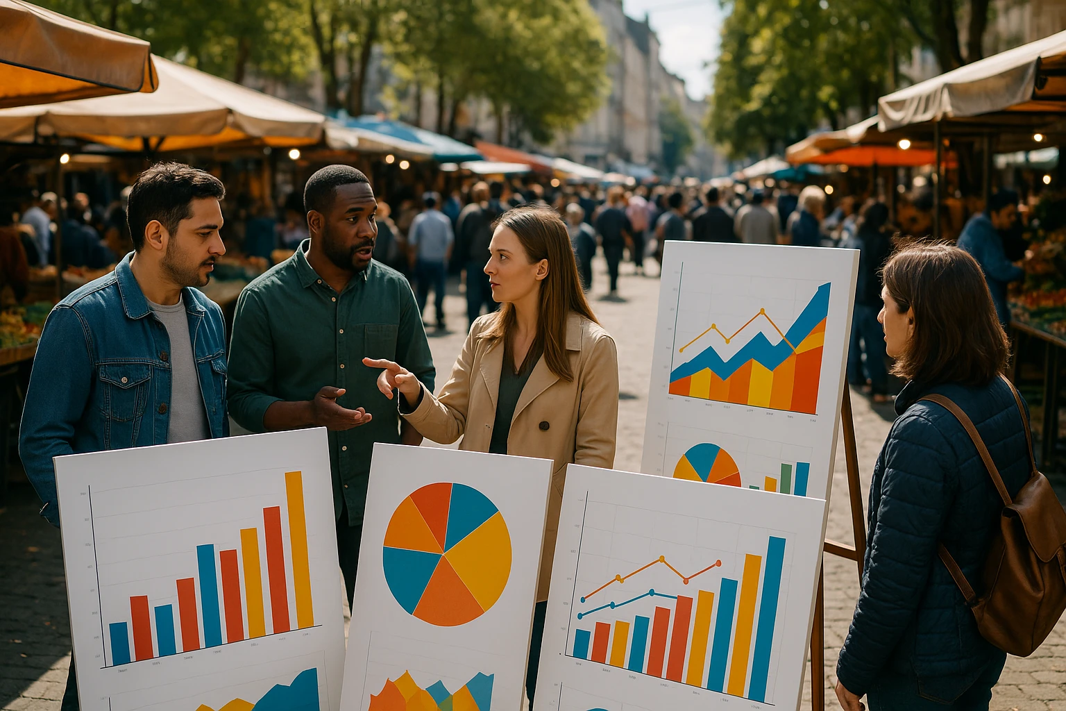 A vibrant outdoor marketplace where colorful charts and graphs are displayed on large signs, capturing the attention of passersby who are discussing and pointing at the visuals amidst bustling activity.