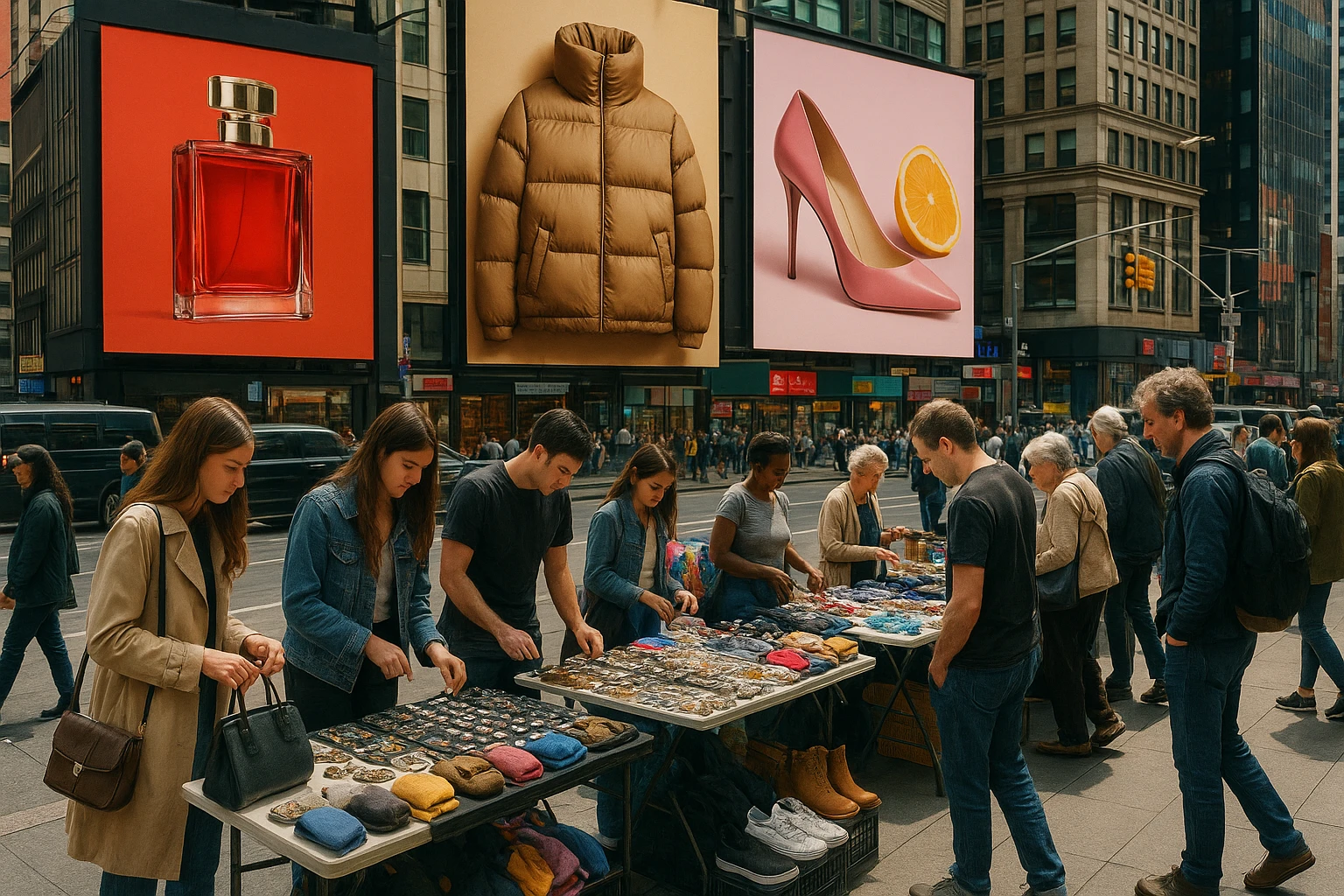 A bustling city street with billboards showcasing different product promotions, while shoppers casually examine a unique selection of items laid out on outdoor vendor stands.