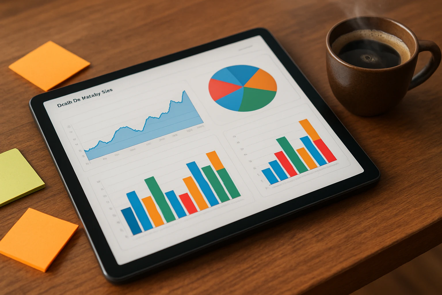 A close-up of a website analytics dashboard displayed on a tablet, with vibrant charts and graphs, resting on a wooden table surrounded by sticky notes and a steaming cup of coffee.
