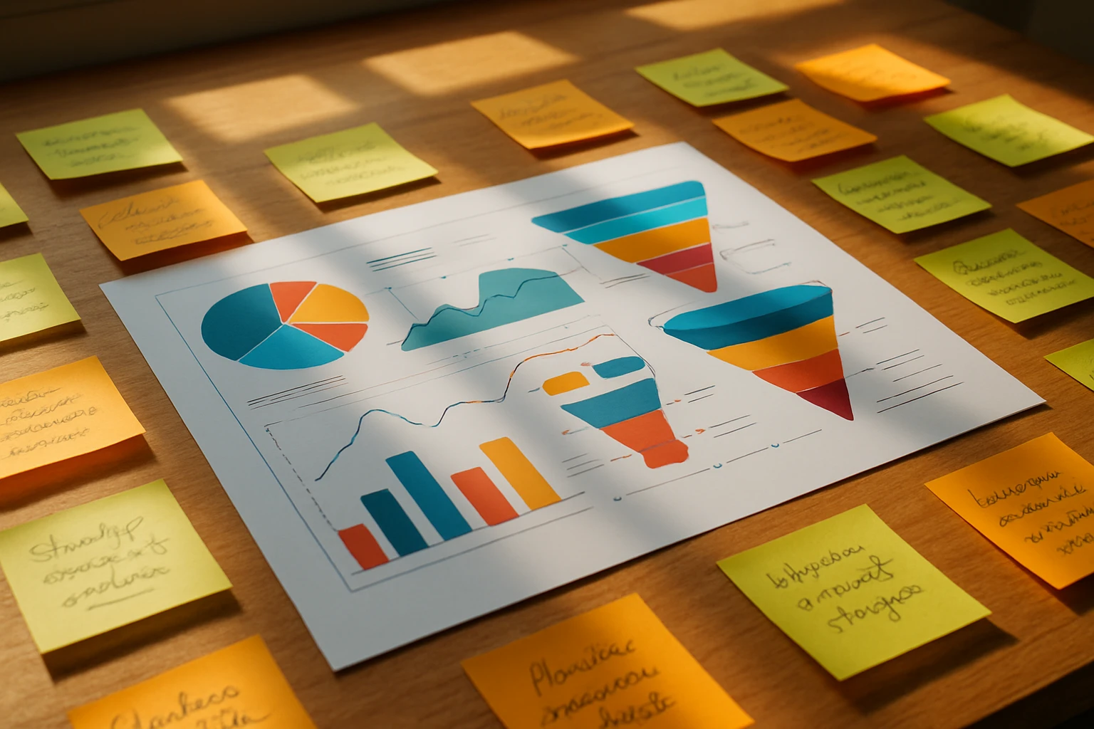 A colorful infographic spread across a table, showcasing metrics like bounce rate and conversion paths, surrounded by a variety of sticky notes with handwritten strategies and ideas, all illuminated by natural sunlight through a nearby window.