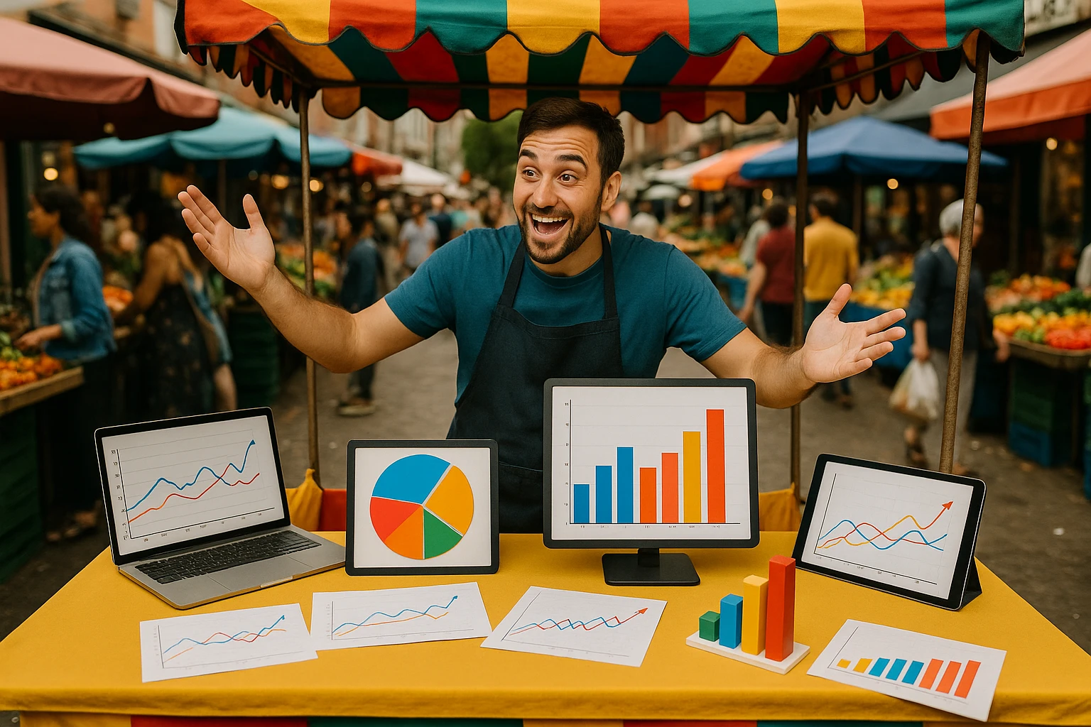 A bustling street market where a vendor enthusiastically displays analytics tools and charts on a bright, colorful stall, symbolizing the strategic shift from paid ads to CRO with tangible, interactive engagement.