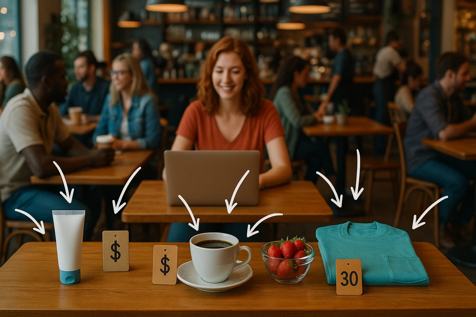 A vibrant, bustling café setting where tables display a variety of products with price tags, symbolizing conversions, surrounded by visible arrows pointing to them, illustrating the impact of CRO on enhancing customer engagement through organic reach.